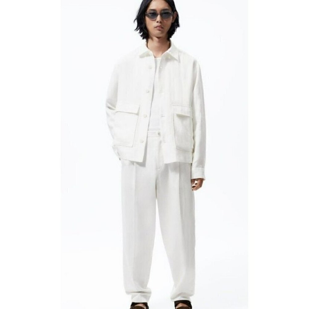 ZARA 100% linen jacket Womens White oyster overshirt Blazer Jacket L 5739 152